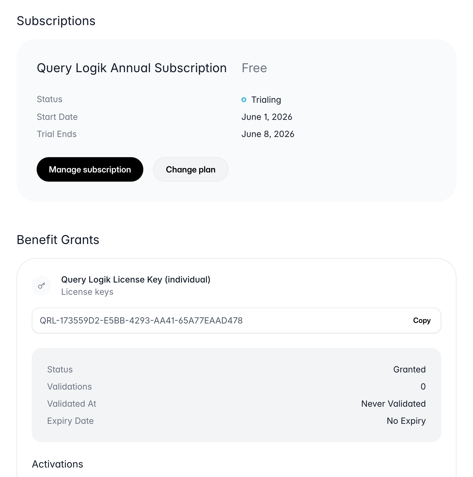 Polar billing portal showing license key in Benefit Grants